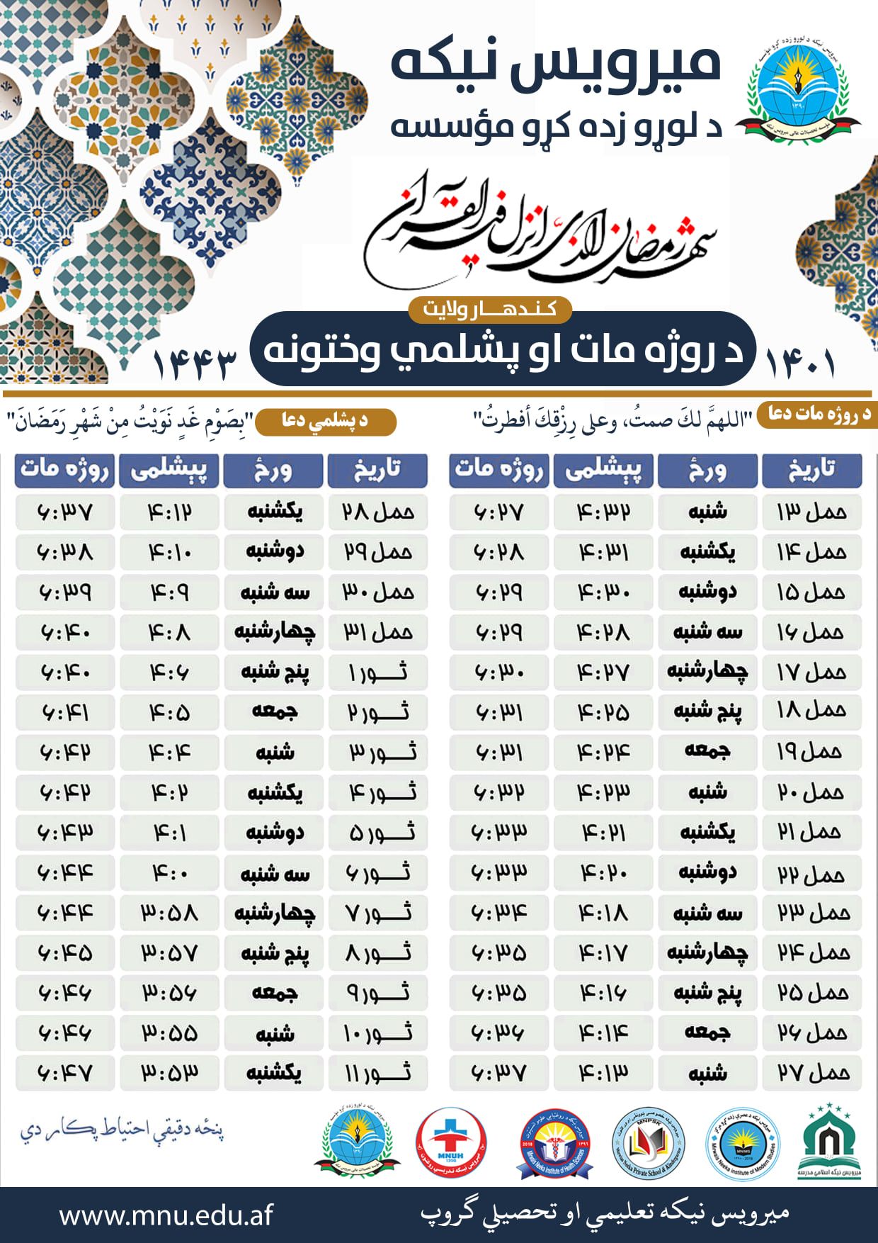 د کندهار ښار د روژه مات او پشلمي د وختونو ترتیب سوی مهالوېش